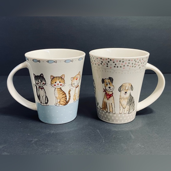 Casa Signature Happy Cats And Dogs Porcelain Coffee/Tea Mugs Set Of 2 - Picture 1 of 11